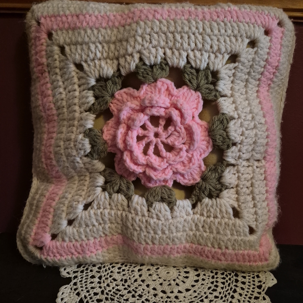 Handmade Crochet Floral Pillow